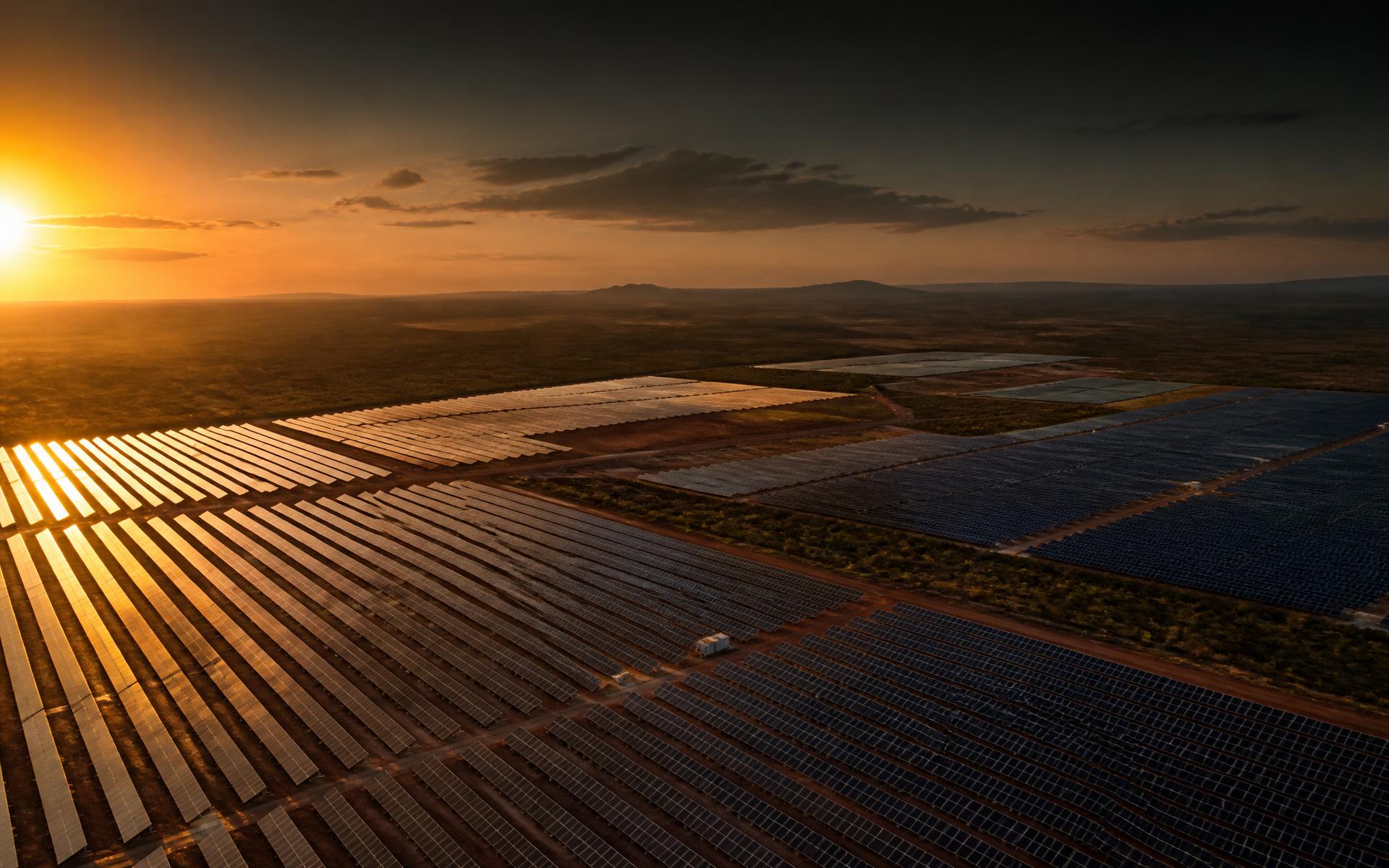 Usina solar em operação ao entardecer